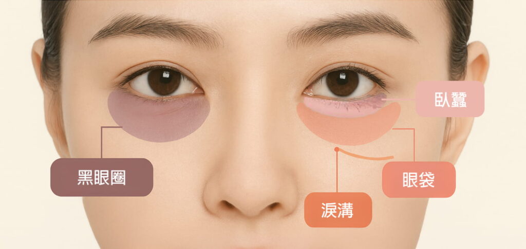 眼袋、臥蠶、淚溝、黑眼圈位置圖